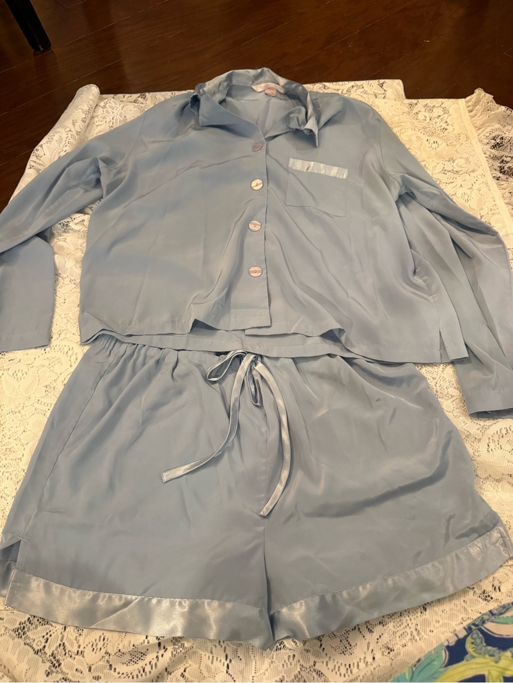 Vintage Victoria's Secret Pale Blue Satin Pajama Set - Top & Tie Shorts